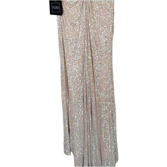 NWT Mac Duggal Beige Sequin Off Drop Shoulder Maxi Sheath Gown Sz 10 - Picture 10 of 11